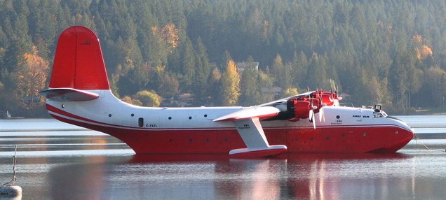 Martin Mars water bomber of Coulson Flying Tankers moored in a lake in Vancouver, Canada